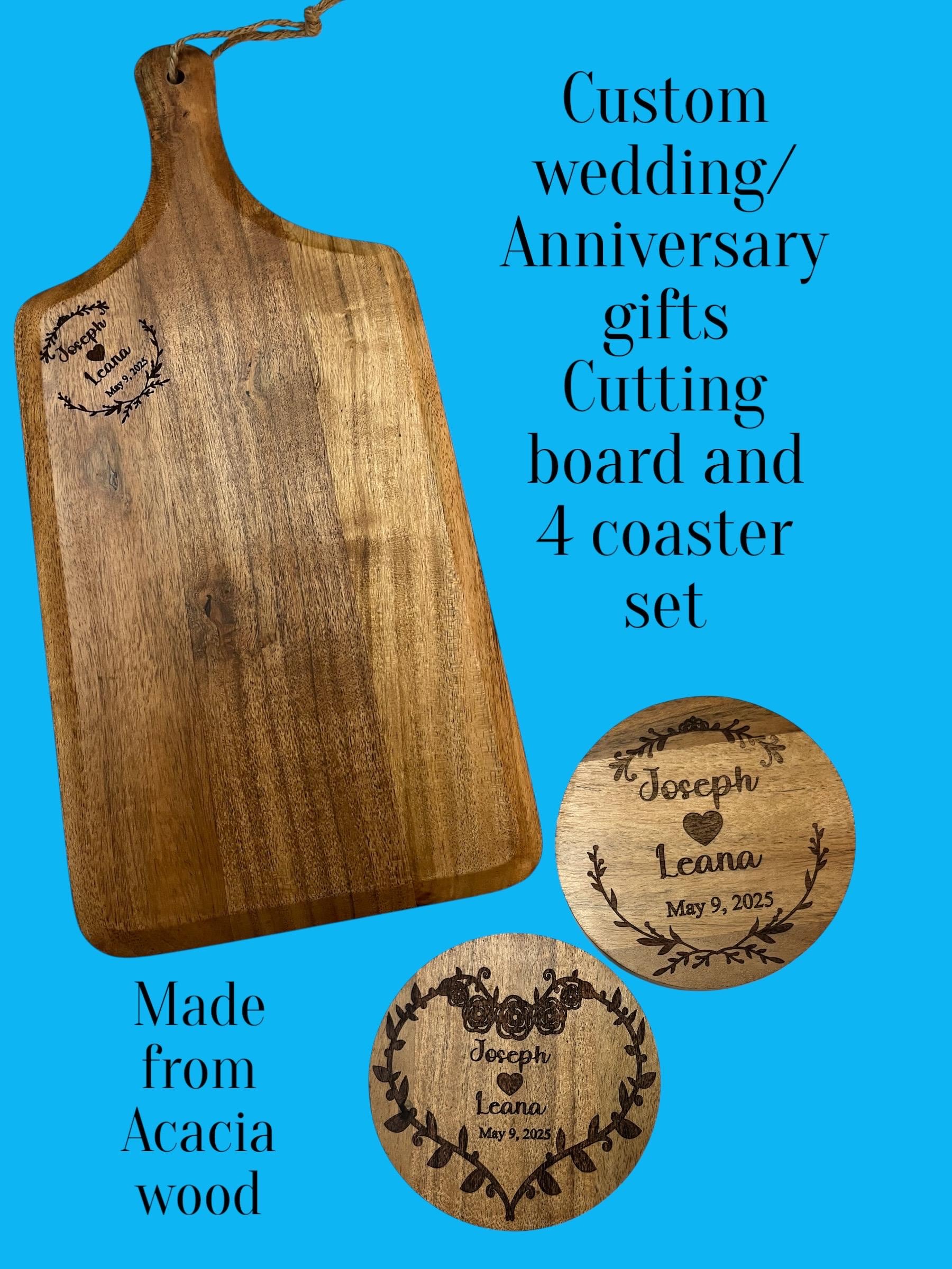 Custom cutting board and 4 pc coaster set