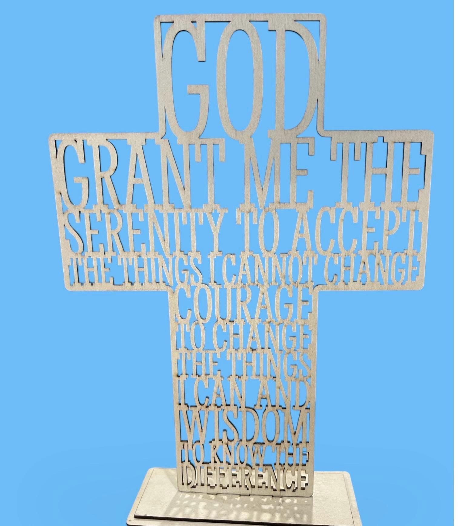 Serenity prayer laser cut into the sign of the cross