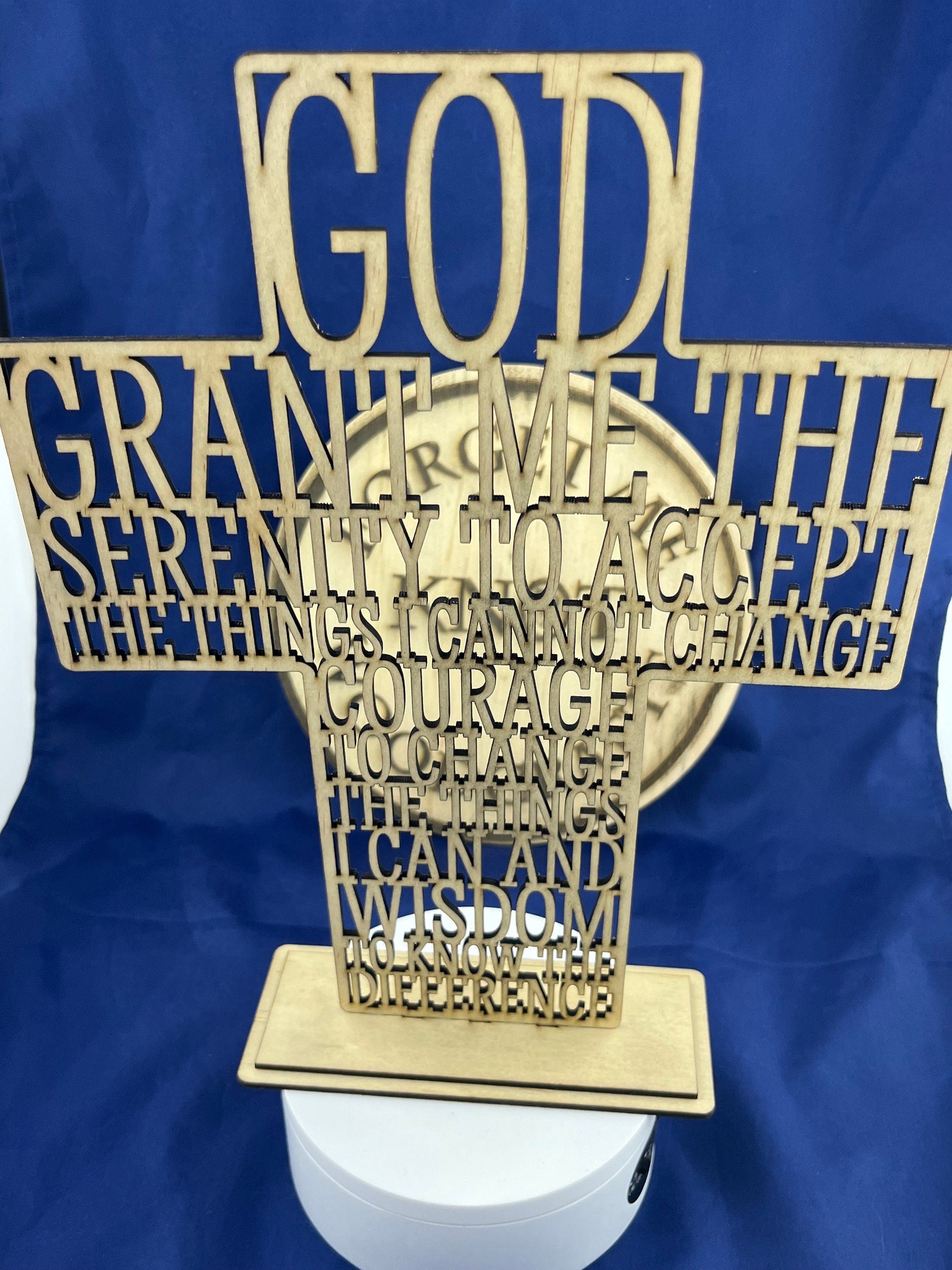 Serenity prayer laser cut into the sign of the cross