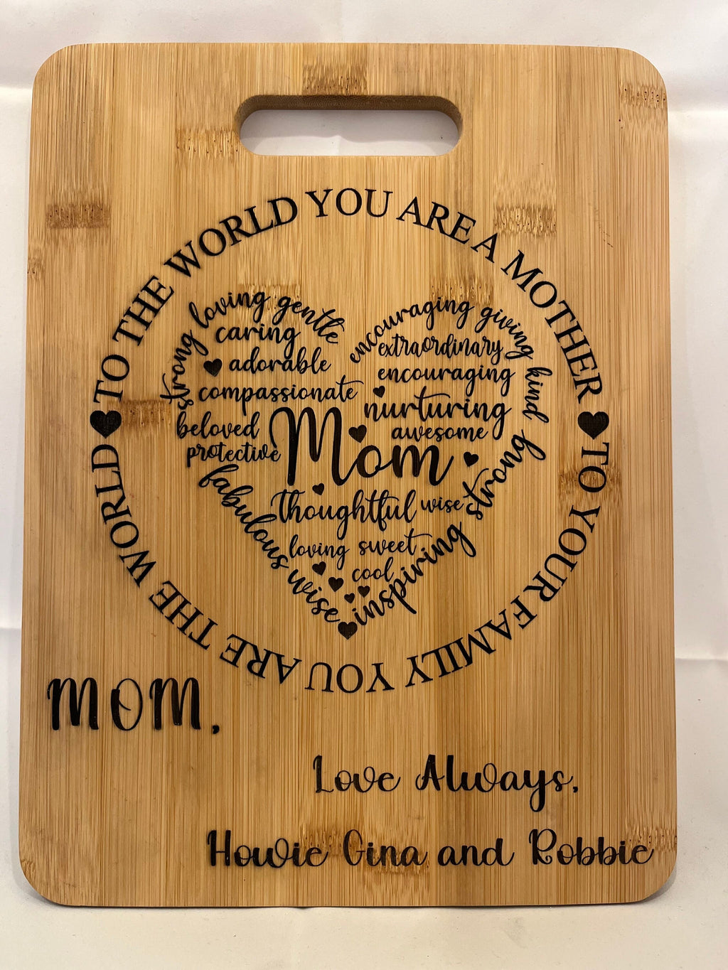 Custom engraved Mothers Day bamboo cutting board